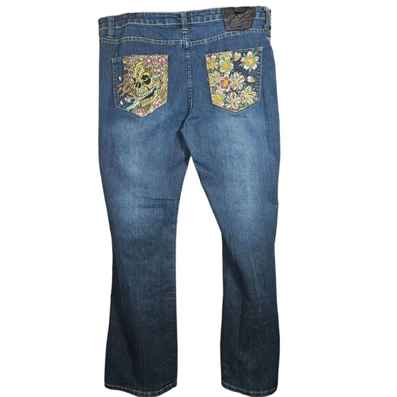 Ed Hardy By Christian Audigier Womens Denim Skull Floral Y2K Grunge Indie 37/38 - Picture 4 of 16